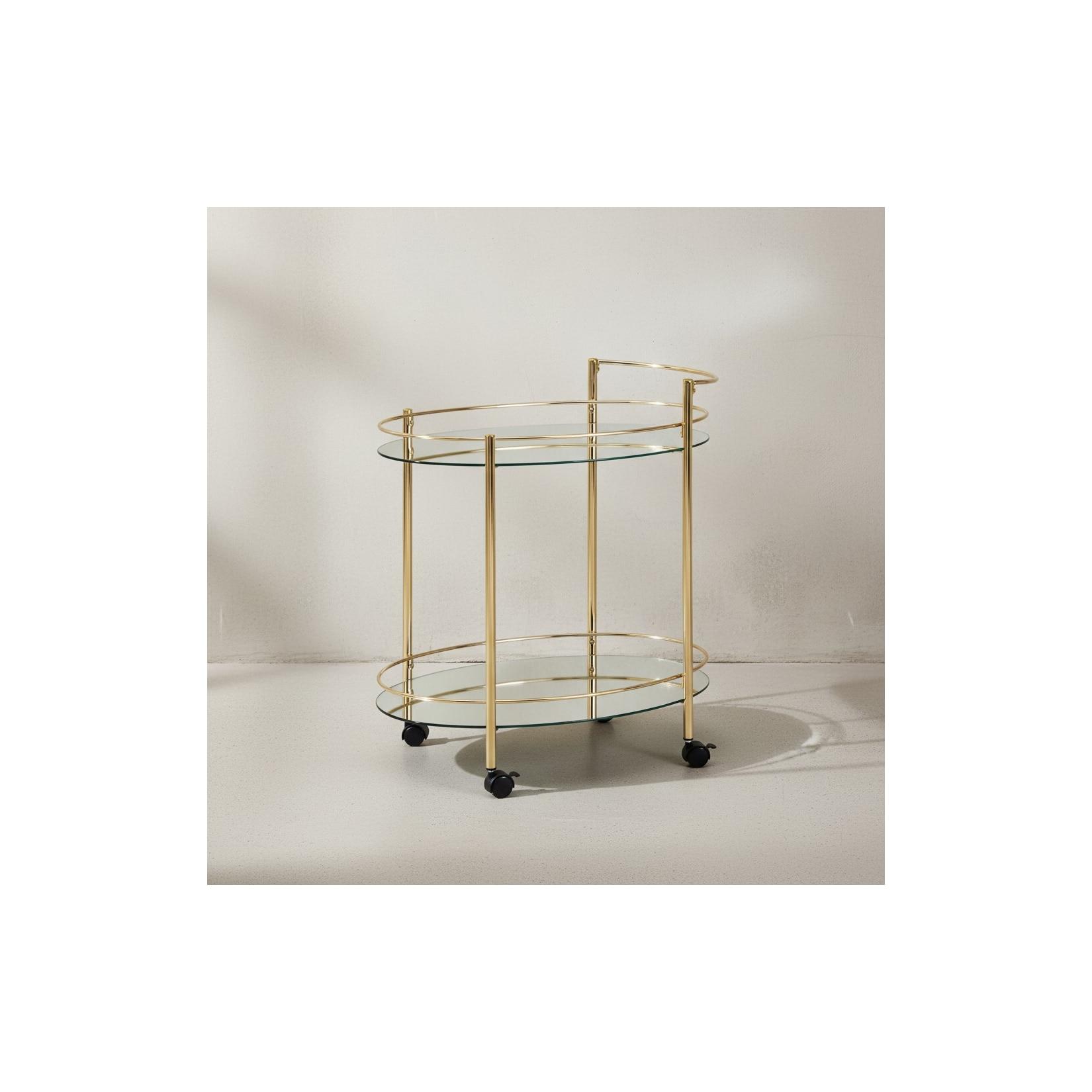 KADIMA DESIGN Goldener Servierwagen, Retro-Charme, 2 Glasplatten, rollbar, stabile Stahlkonstruktion, leicht zu reinigen.