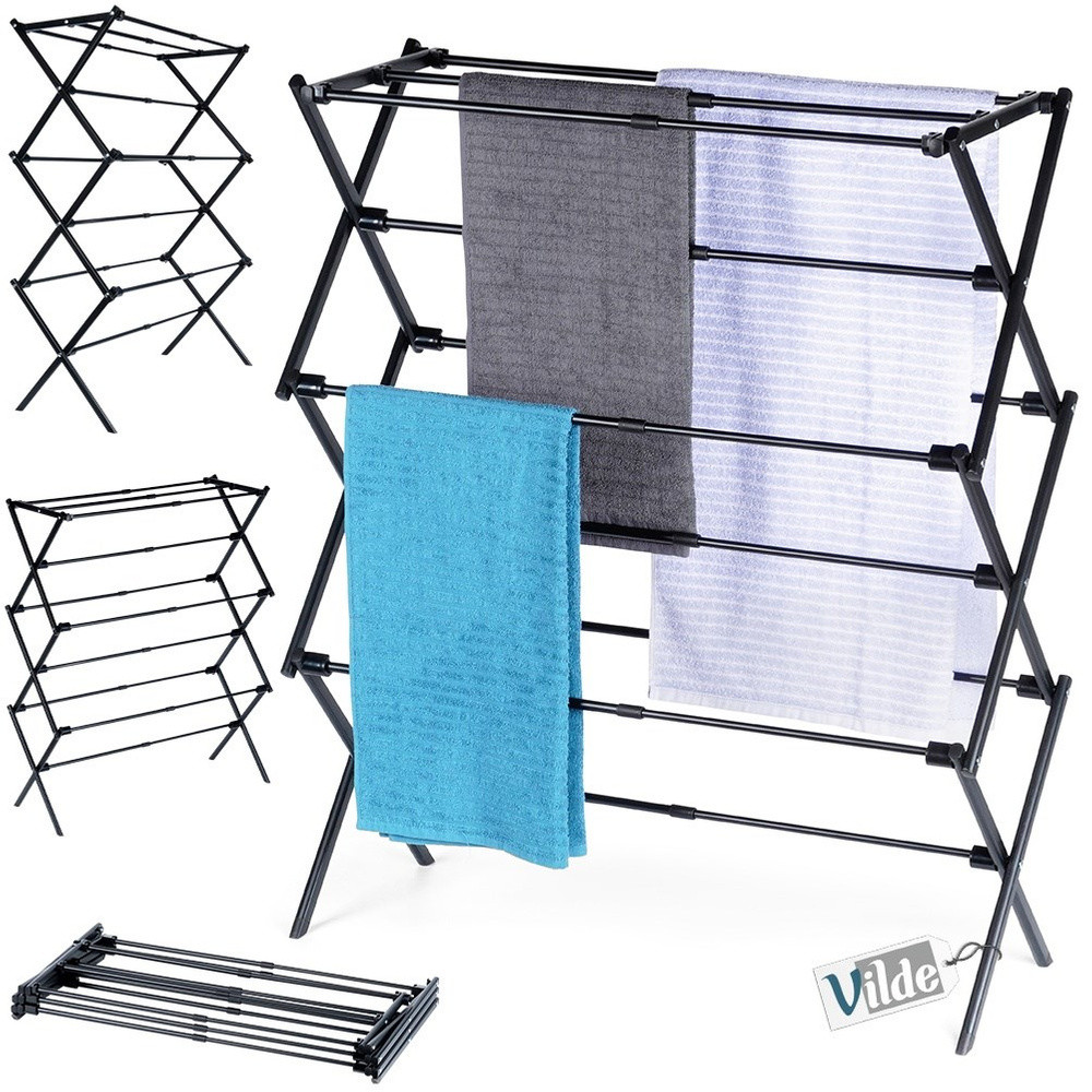Vilde staand wasrek, verstelbaar metalen droogrek, zwart, Breedte: 47-78 cm, Hoogte: 94 cm