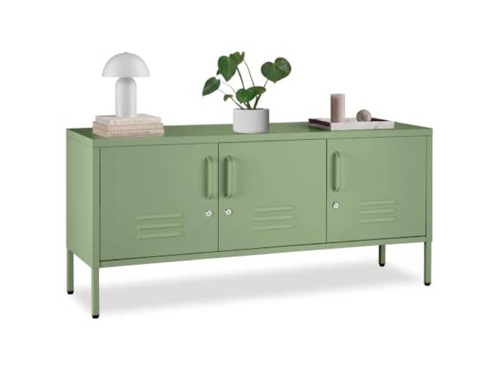 tectake® Metall Sideboard 120 x 37,5 x 55,5 cm, 3 Türen, Magnetverschluss verstellbarer Zwischenboden, abschließbar, höhenverstellbare Füße, Kabeldurchlässe, Lüftungsgitter, Kippschutz, salbeigrün