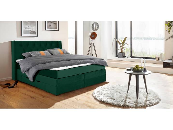 Boxspringbett HOME AFFAIRE Elegance , grün, B:141cm L:210cm, Samtoptik (100% Polyester);Struktur (100% Polyester), Komplettbetten, Boxspringbett, mit schöner Knopfheftung, in den Härtegraden H2 & H3, inkl. Schubladen