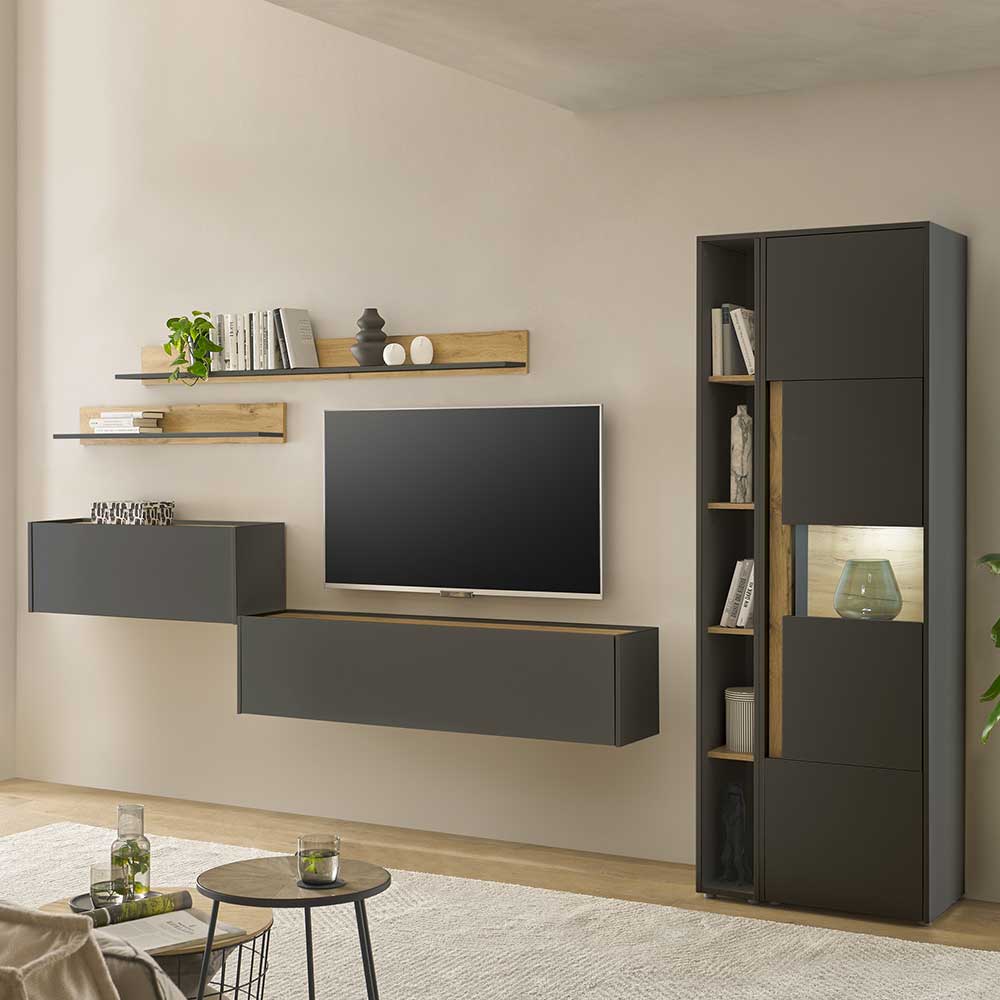 Pharao24.de Design Wohnwand mit Schreibplatz in Anthrazit Wildeichefarben (sechsteilig)