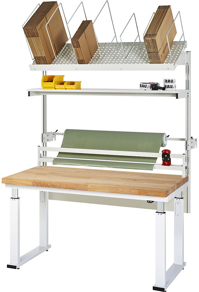 Packtisch komplett 600, elektrisch höhenverstellbar, Set 2 mit Etagenbord, Schneidgerät, Abrolleinheit, BxT 1500 x 700 mm, Buchenplatte RAU