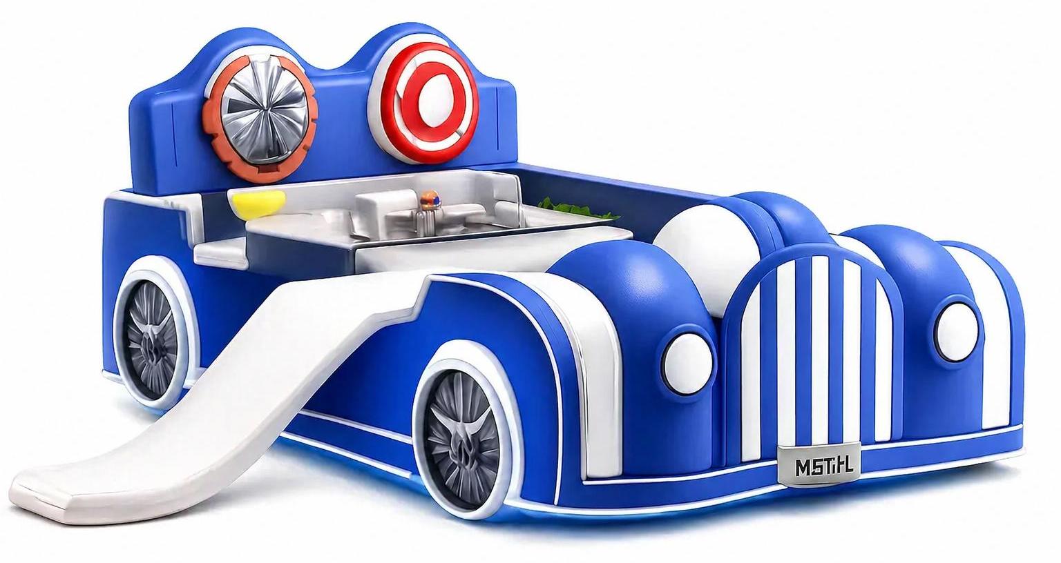 Blau-weißes Kinderbett mit Rutsche und LED auf Rädern Auto-Bett