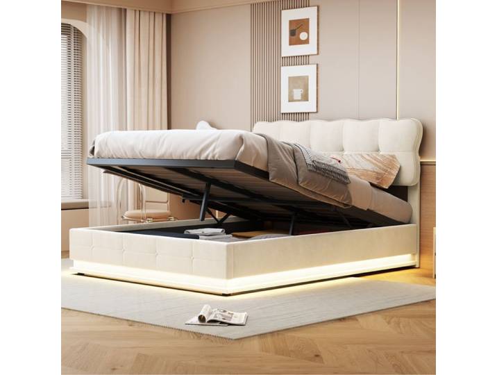 Lit coffre 140x200 cm - lit double à lattes - lit adulte avec LED - lit capitonné - lit 140x200 cm - beige