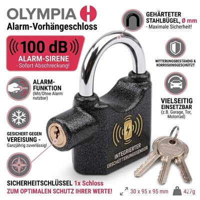 OLYMPIA S 100 Vorhängeschloss mit Alarmfunktion und Erschütterungssensor, 100 dB