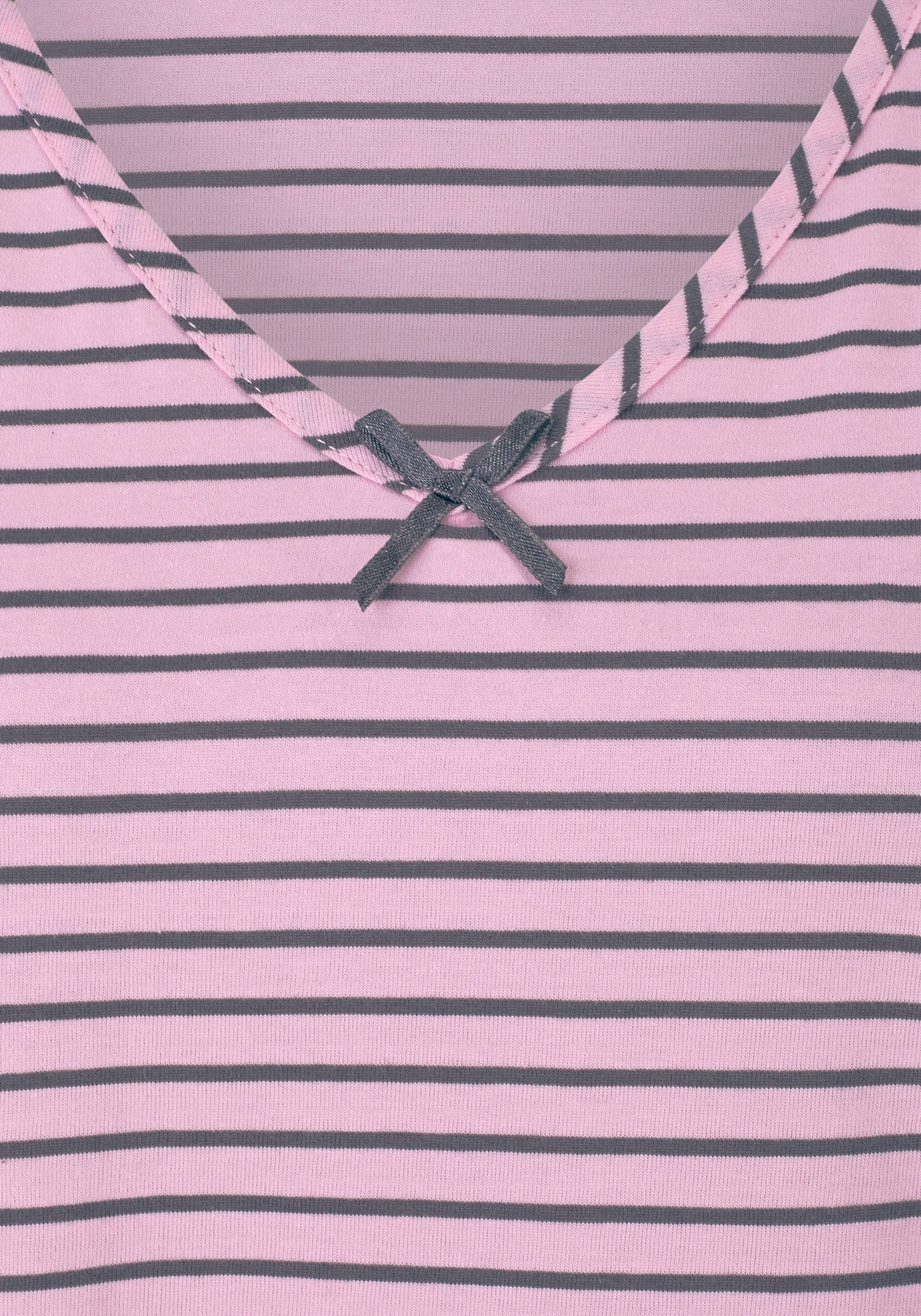 Nachthemd H.I.S, Damen, Gr. 32/34, N-Gr, rosa (rosa, geringelt), Single Jersey, Obermaterial: 100% Baumwolle, figurumspielend kurz, V-Ausschnitt, eingesetzt Babylock kontrastfarben, Kleider Nachthemd, in süssem Streifenlook mit Kräuselrändern rosa, gering