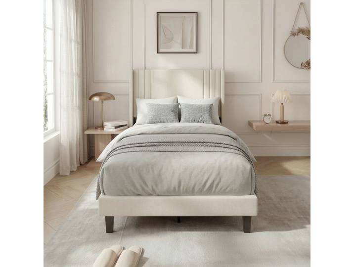 Lit 90x200 cm NMONET sommier à lattes tissu en lin cadre de lit simple 90x200 lit enfant 90x200 beige