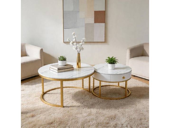 Table basse - 2 pièces en nidification - Laqué brillant motif marbre - MDF & cadre métal doré - Ronde empilable