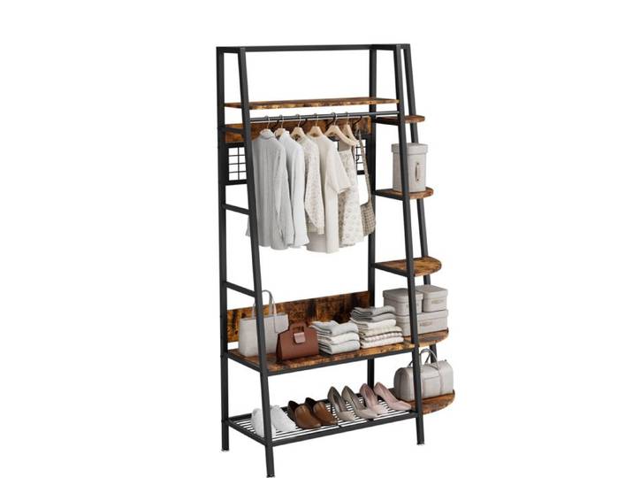 Porte-manteau sur pied industriel – Métal noir et bois brun – Étagères de rangement – 101 x 40 x 183 cm