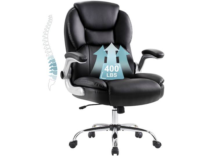 IWMH Fauteuil de direction ergonomique avec accoudoirs pliables\, réglable en hauteur Fauteuil de bureau avec soutien lombaire\, fauteuil de direction en cuirPolyuréthane- noir