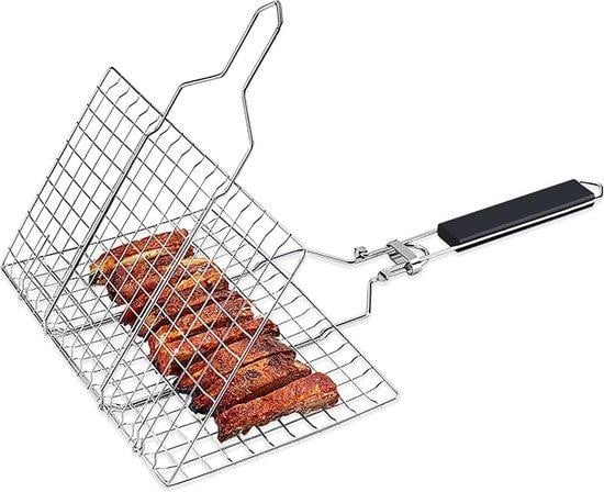 Draagbaar grillrooster van staal en hout voor vis, groenten en vlees, zwart/zilver, B: 35,2 cm, H: 22,5 cm