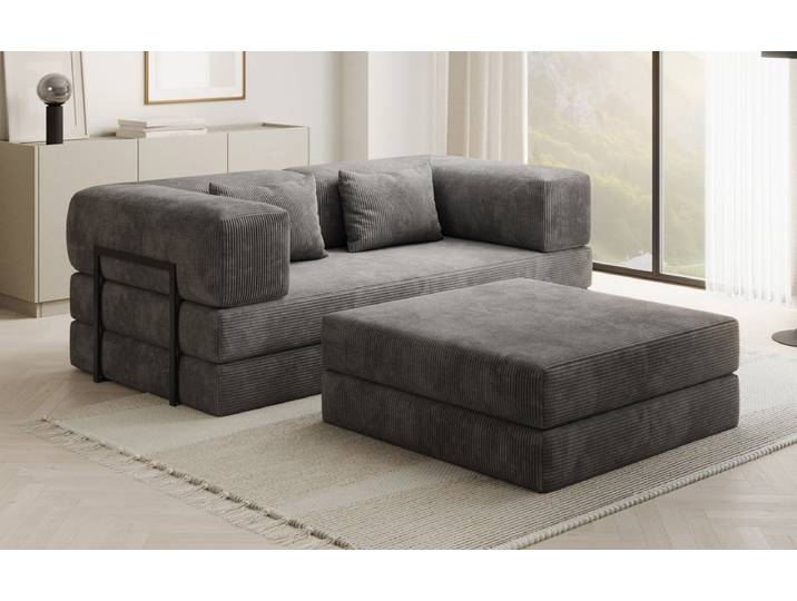 Lazy Spar-Set: 3-Sitzer + Hocker in Cord - Hellgrau - Cord - Luxusbetten24