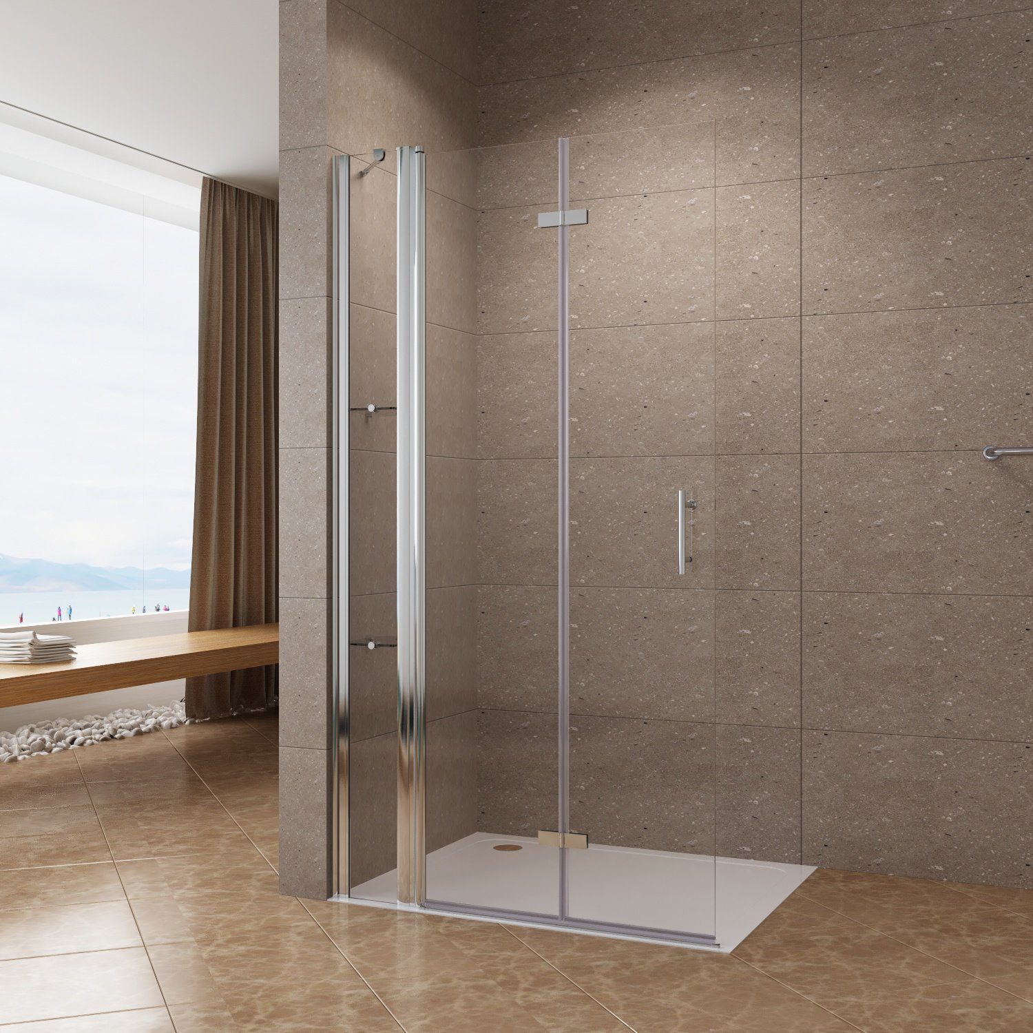 Duschwand Glas Faltbar 120 cm Walk in Dusche 6 mm Echtglas Lotuseffekt Easy Clean Nanobeschichtung Drehfalttür Chromoptik
