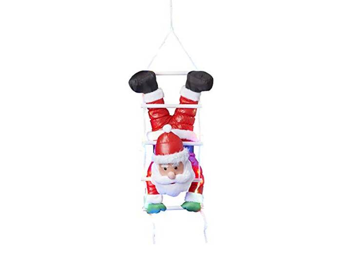 Bonetti Weihnachtsmann kopfüber auf Strickleiter, die Leiter ist mit 30 bunten LEDs beleuchtet, kletternder Nikolaus für Innen- und Außen (traditionell - kopfüber)