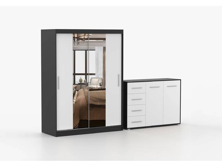 Schwebetürenschrank und Kommode 2-er Set VISTA 01/FRIDA 01 Schwarz Weiß + Spiegel