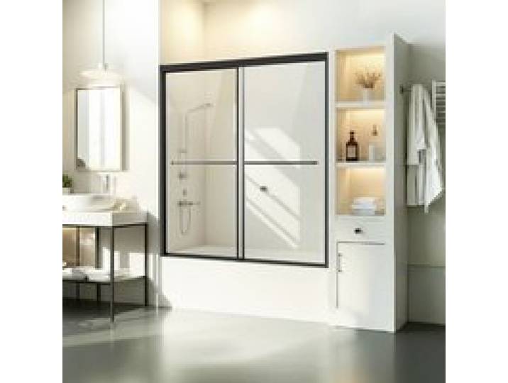 VEVOR Badkuip Douchedeur (1422-1524 x 1524 mm / B x H) Semi-frameloze schuifdeur voor bad, semi-frameloze bypass-baddeur met 1/4 inch breukvast gehard glas en roestvrijstalen handgreep