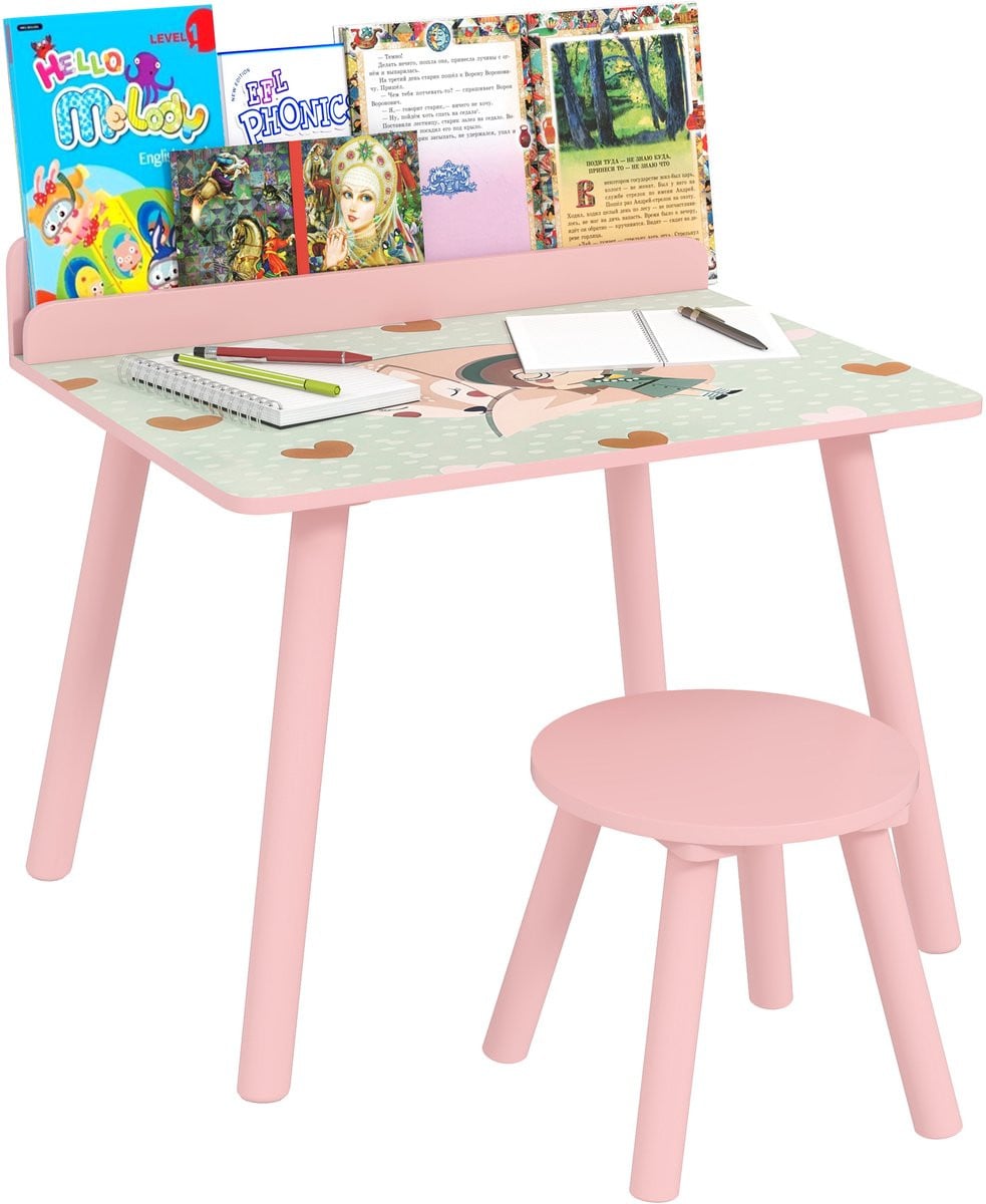 Kindertafel met stoel en boekenplank voor kinderen, roze