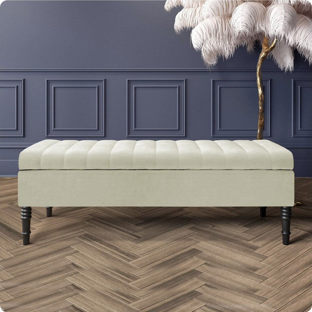 R&M Furnishers Safar Striped Ottoman Storage Bench – Upholstery Naples Shoe Bench with Black Turned Wooden Legs Cream