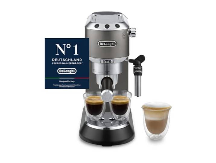 De'Longhi Dedica Style - Espressomaschine mit Manuellem Milchaufschäumer Manuelle Kaffeemaschine, Espresso und Cappuccino, Geeignet für ESE-Pads, Bedienfeld mit Tasten, Breite 15 cm, Titan, EC685.TB