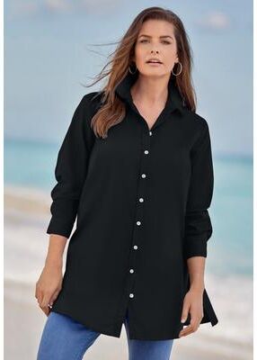 Plus Size Women's Kate Long-Sleeve Crisp Cotton-Blend Button-Front Tunic by Roaman's in Black (Size 18 W) Button Down Tunic Shirt