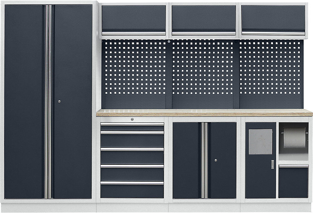 kaiserkraft Werkstattschranksystem mit Flügeltür-Hochschrank, Abfall- und Reinigungs-Center, BxT 2955 x 460 mm, lichtgrau / anthrazitgrau