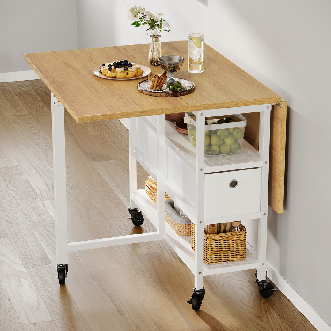 17 Stories 4-6 Person Folding Dining Table, Mobile Drop Leaf Table With 6 Wheels & Storage Drawers Beige/White