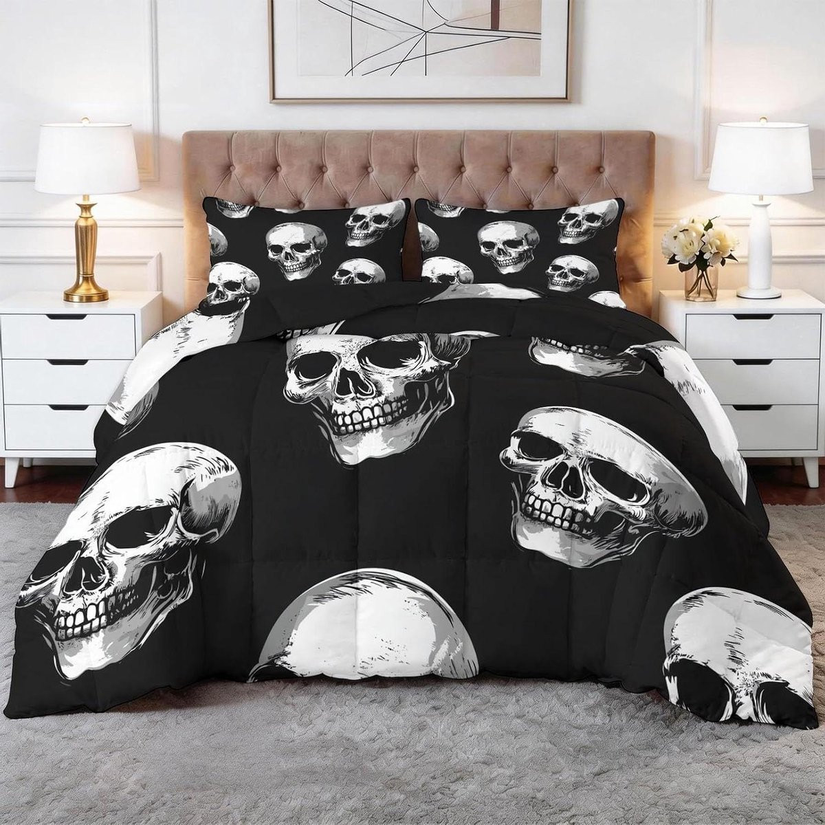 Omkeerbaar dekbed met Gothic doodshoofd print in donkergrijs, 150 x 200 cm
