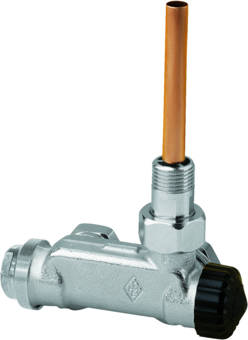 Heimeier E-Z-Ventil-Zweirohrsystem 3879-02.000 Eck, DN 15, Bauschutzkappe schwarz, Rotguss vernickelt