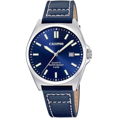 Quarzuhr CALYPSO WATCHES "Basic", blau, Armbanduhren, Herren, Quarzuhr, Armbanduhr, Herrenuhr, Lederarmband, analog, Tag