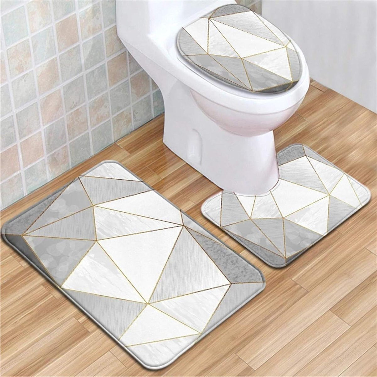 3-Stuk Set Badkamer Matten met Geometrisch Design, Antislip en Zacht