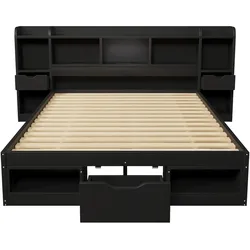 STILVORA Plattformbettgestell MDF/Sperrholz Schwarz 222x210x85 cm mit Stauraum und LED-Beleuchtung