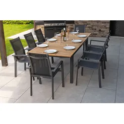 OUTFLEXX Garten-Essgruppe, OUTFLEXX® anthrazit matt, Alu / Teak / Textil, Ausziehtisch 180/240x100cm, 8 Stapelsessel
