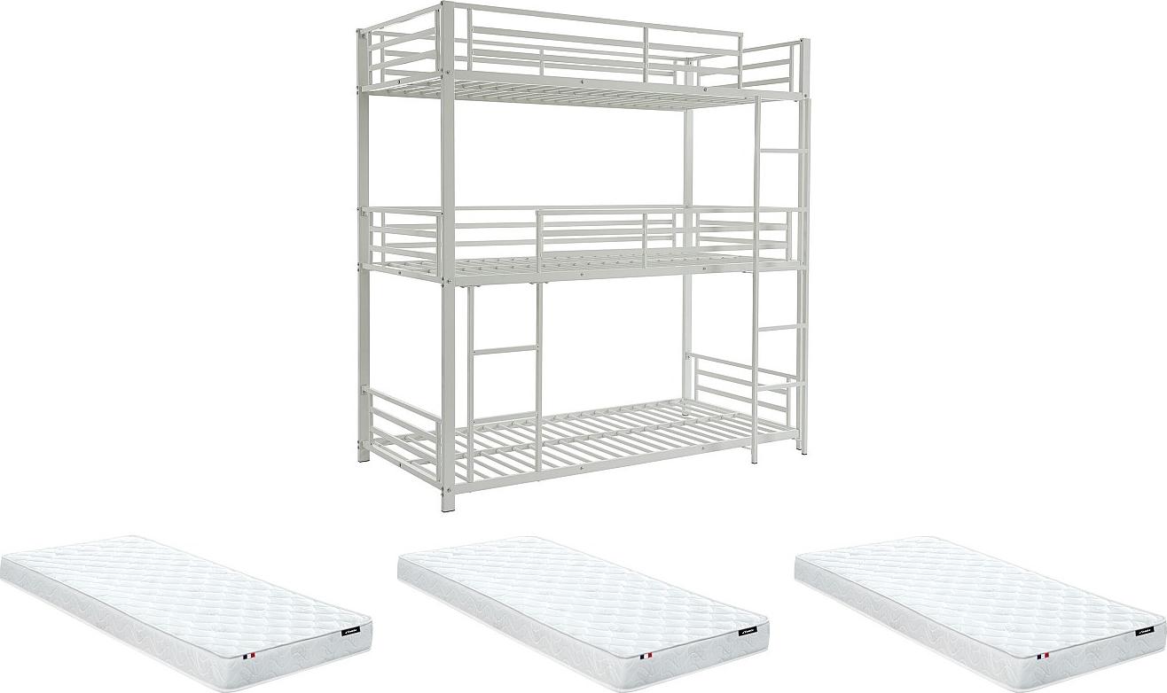 Etagenbett - 3 Personen - 3 x 90 x 190 cm - Metall - Weiß + Matratze - ELOUAN III