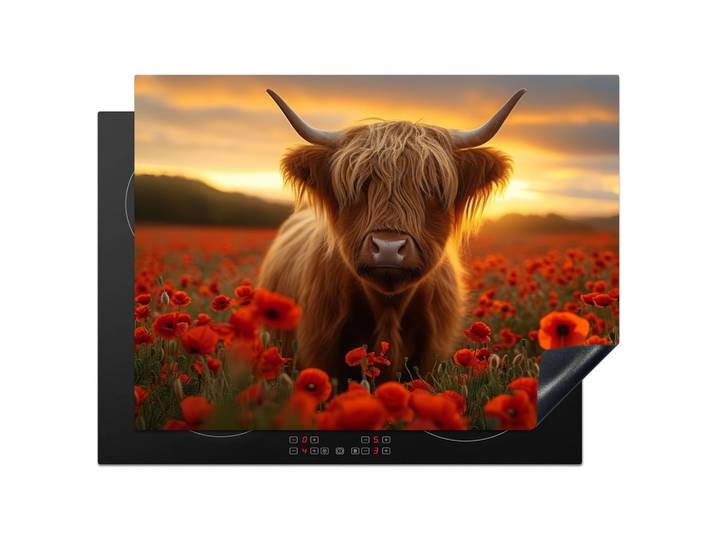 HERDABDECKPLATTE Schottische Highlander - Rosen - Blumenfeld - Sonnenuntergang Induktionsmatte 71x52 cm