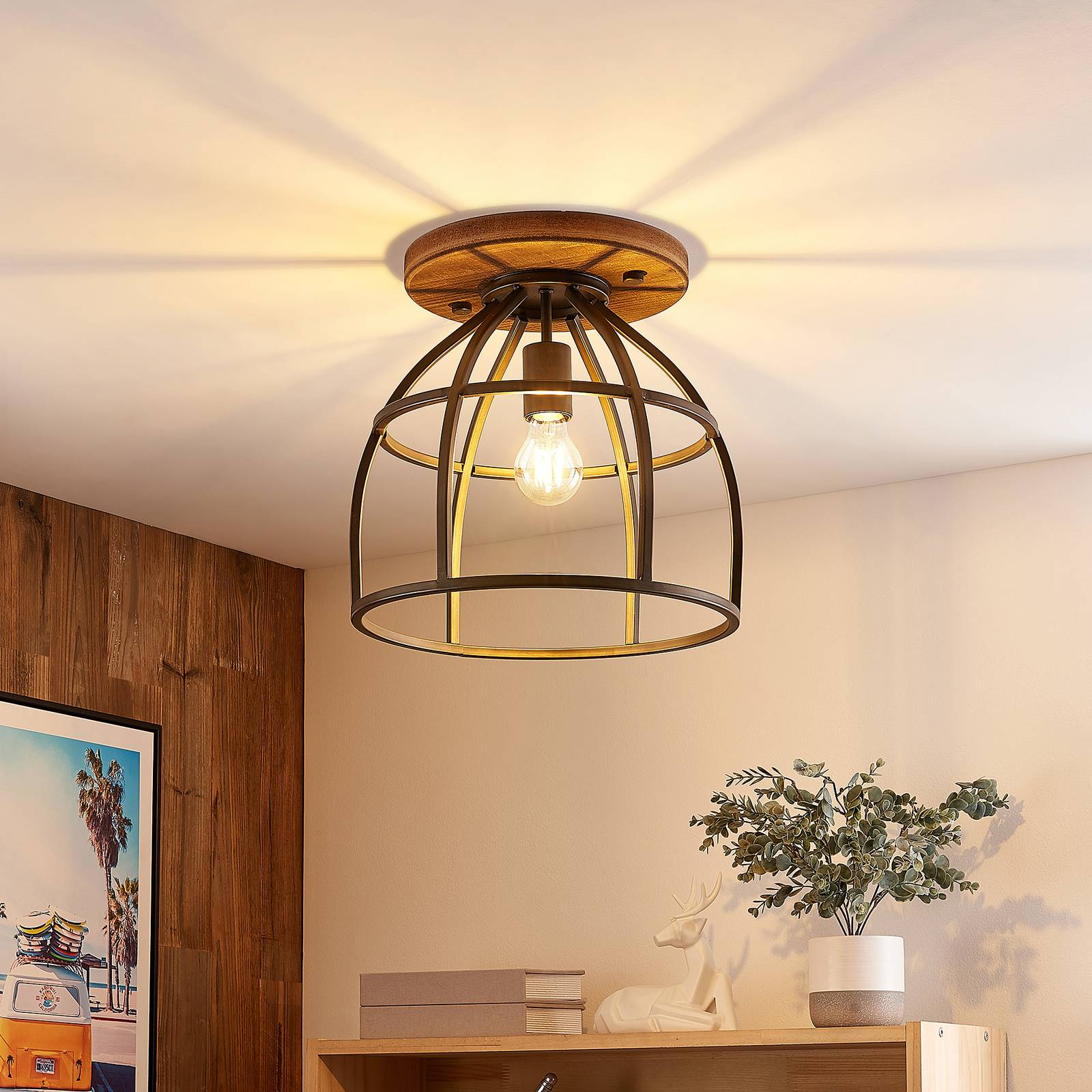 Wooden Ceiling Light Rutger Lindby, dimmable, Dark wood, Living / Dining Room, Wood, Vintage, Ceiling Light