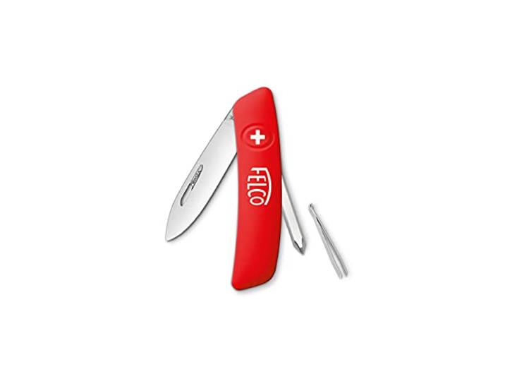 FELCO 502 Zwitsers zakmes (mes met 4 functies, incl. schroevendraaier + pincet, multifunctioneel mes, lengte 95 mm, lemmet 75 mm), rood