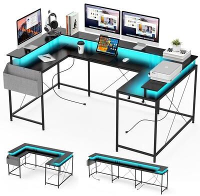 CatheLi "79"" U Shaped Gaming Desk with Monitor Stand and LED Lights"