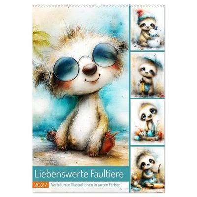 Liebenswerte Faultiere. Verträumte Illustrationen in zarten Farben (Wandkalender 2027 DIN A2 hoch), CALVENDO Monatskalender