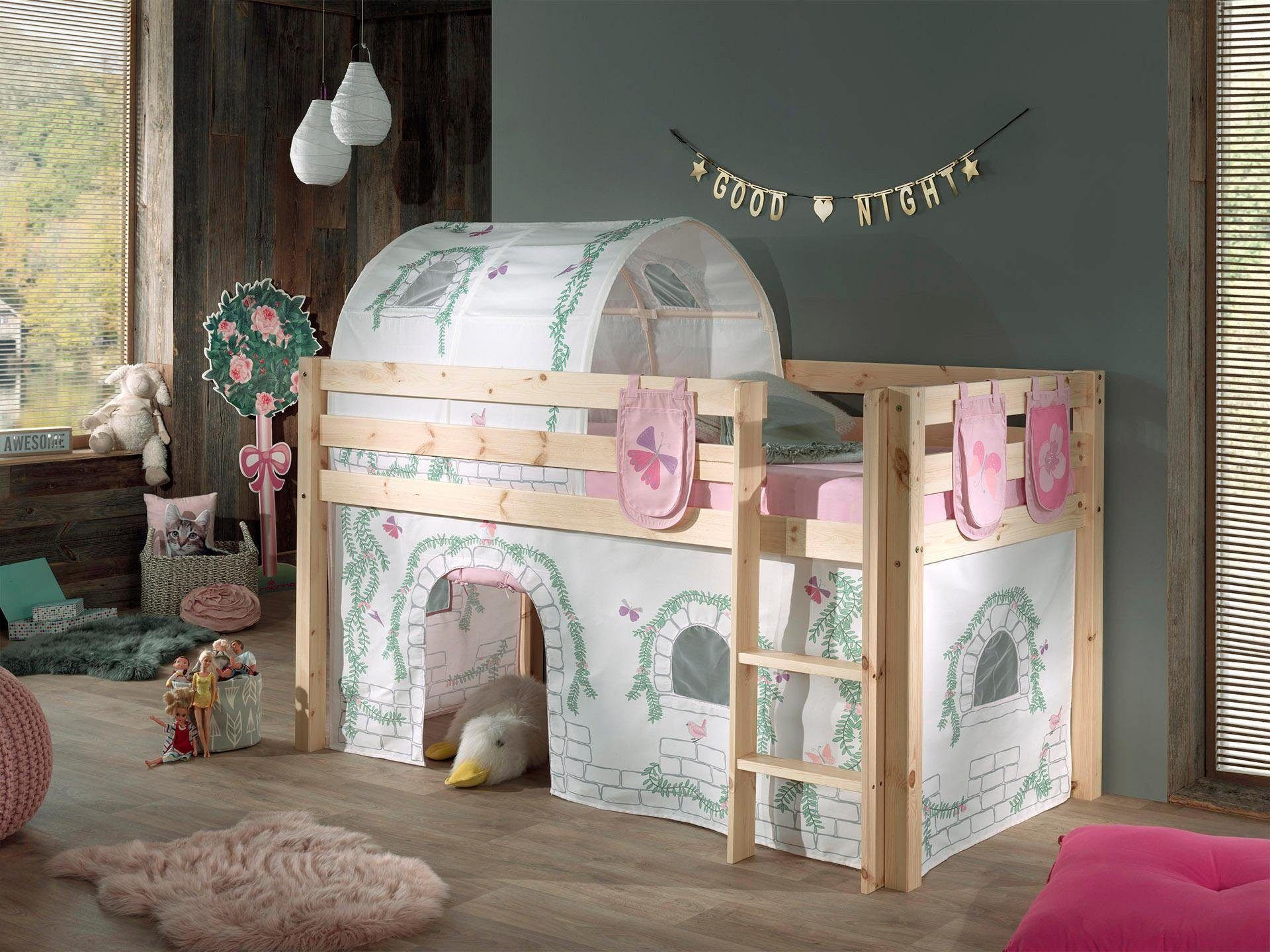 Hochbett VIPACK "Pino, Spielbett massiv Kiefer, stabil gebaut, 3 Korpusfarben zur Wahl", beige (natur geölt, birdy), B:106cm H:214cm L:210cm, Hochbetten, Hochbett, Textil-Set "Astronaut", inkl. Vorhang, mit oder ohne Tunnel natur geölt, birdy Ohne Rutsche