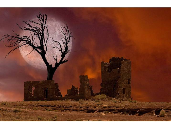 Fototapete PAPERMOON Ruine in Landschaft mit Mond , bunt, B:3,5m L:2,6m, Vlies, Tapeten, Fototapete