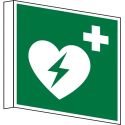 Rettungszeichen, Fahnen-/Nasenschild Defibrillator E010 - ASR A1.3 (DIN EN ISO 7010) - 150x150x1 mm Kunststoff nachleuchtend