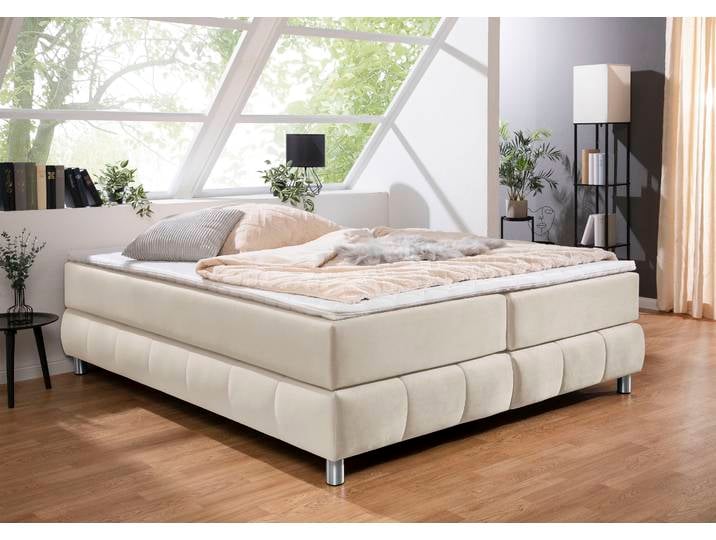 Boxspringbett, Samtoptik, Beige, 166×206 cm, Ohne Kopfteil, 7-Zonen-Federkernmatratze, Modern, andas