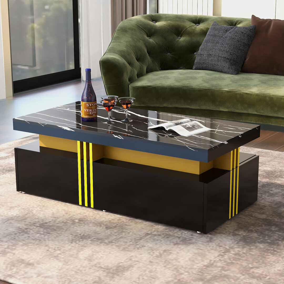 Ivy Bronx Chalsea Coffee Table with Storage Black/Arabescato White Marble 40cm H X 100cm W X 50cm D