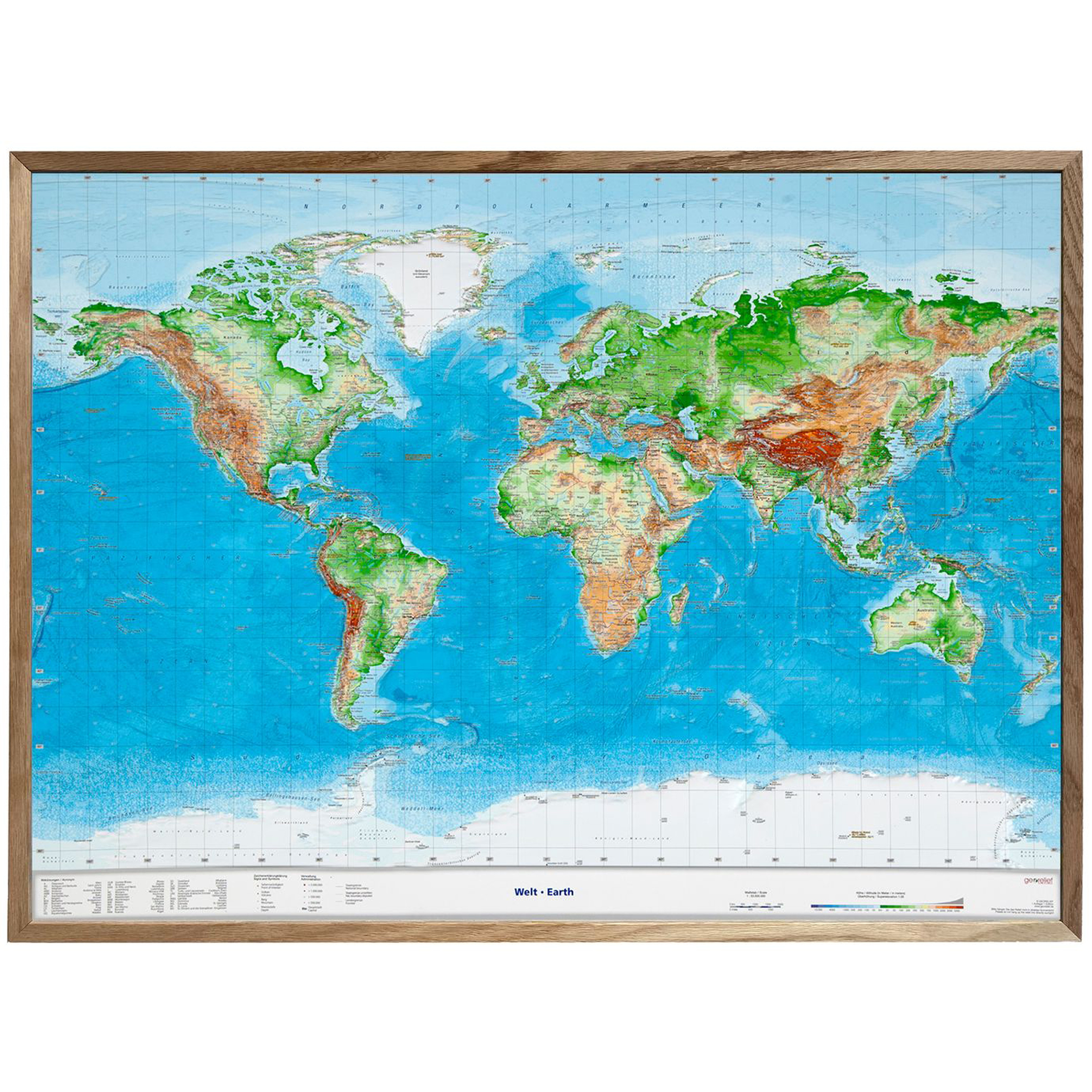 Georelief 3D Reliefkarte Welt Topografische Karten mit Naturholzrahmen Größe groß