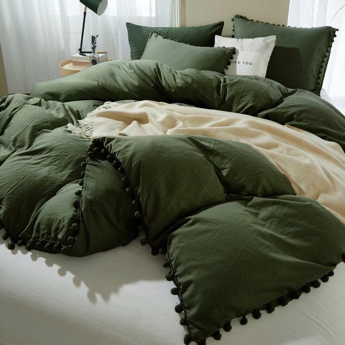 Boho Dekbedovertrek Set met Speelse Pompons - Queen Size - Olijfgroen