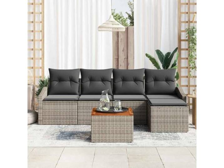 KTHLBRH Gartenmöbel-Set, 6-teilig, grau, Polyrattan, mit Kissen UV-beständig, inklusive Sitzsack und Tisch, für den Außenbereich geeignet