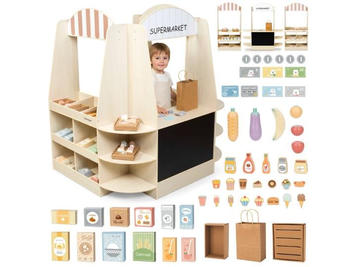 Mamabrum, grand magasin en bois pour enfants, ensemble XXL de 91 pièces, jouet éducatif, jeu de rôle Montessori, 3+ ans