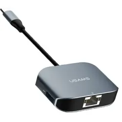 Usams Adapter USB-C - USB 3.0+RJ45 portEthernet szary/grey TCSJ14601 (US-SJ146) (USB 3.0, USB-C, RJ45 Gigabit Ethernet (1x)), Netzwerk Adapter, Grau