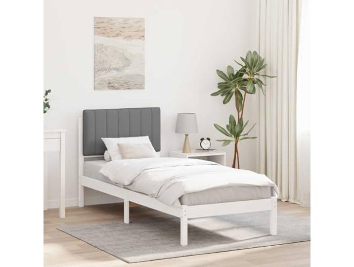 Massivkiefer mit Leinen Kopfstütze Stabiles Lattenrost Design 80 x 200 cm Bettgestell mit gepolstertem Kopfteil Hellgrau 80x200 cm Massivholz Kiefer Einzelbett mit Lattenrost und waschbarem
