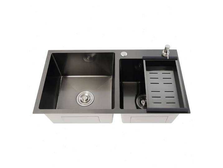 Évier de cuisine encastrable durable en acier inoxydable 304 (78*43*22cm), double bac avec tuyau de vidange, panier de vidange et distributeur de savon